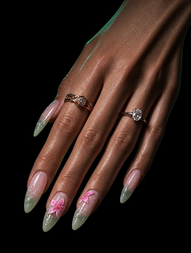 Hand mit gruen schimmerndem Nageldesign, rosa Bluetenapplikationen und Perlen